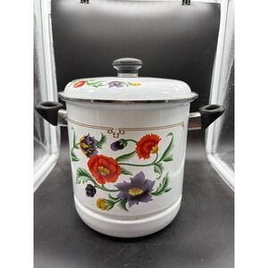 Vintage GMI Enamelware Stock Pot with Lid Floral Poppy White Enamel Soup Pot